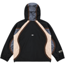 Black Disorder Shell Jacket in black and beige with a hooded design, beige and grey paneling, and a small logo on the back.