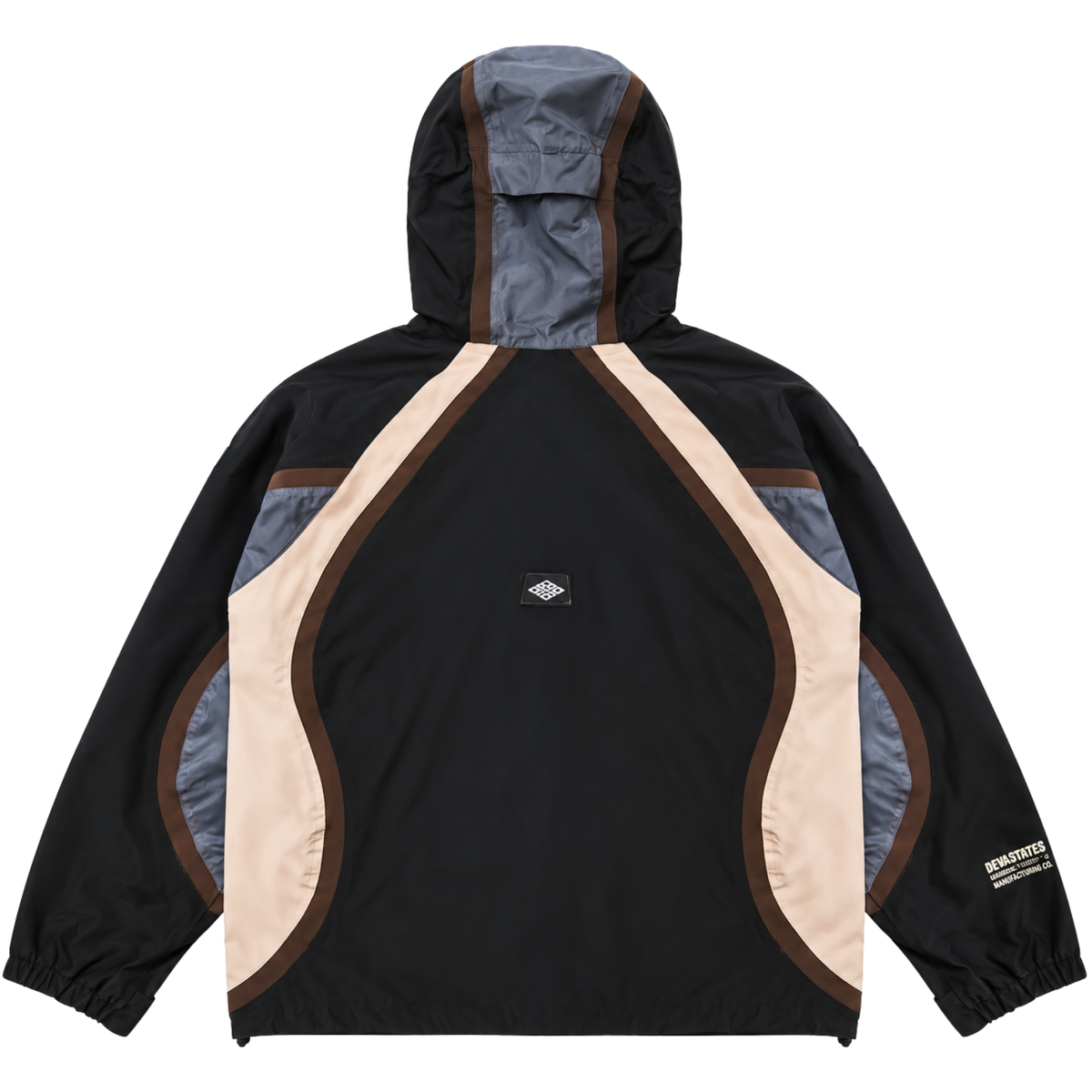 Black Disorder Shell Jacket in black and beige with a hooded design, beige and grey paneling, and a small logo on the back.
