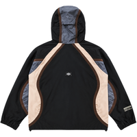 Black Disorder Shell Jacket in black and beige with a hooded design, beige and grey paneling, and a small logo on the back.
