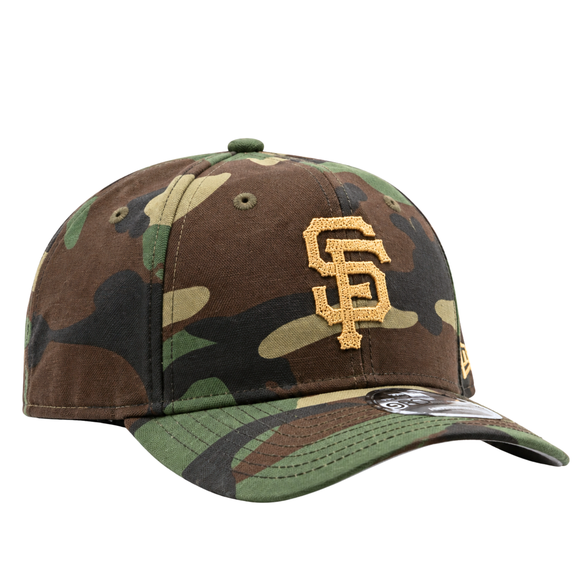 San Francisco Giants Field Notes Unstructured A-Frame 9Forty Snapback Hat in vintage washed camo with an embroidered gold SF logo on the front.