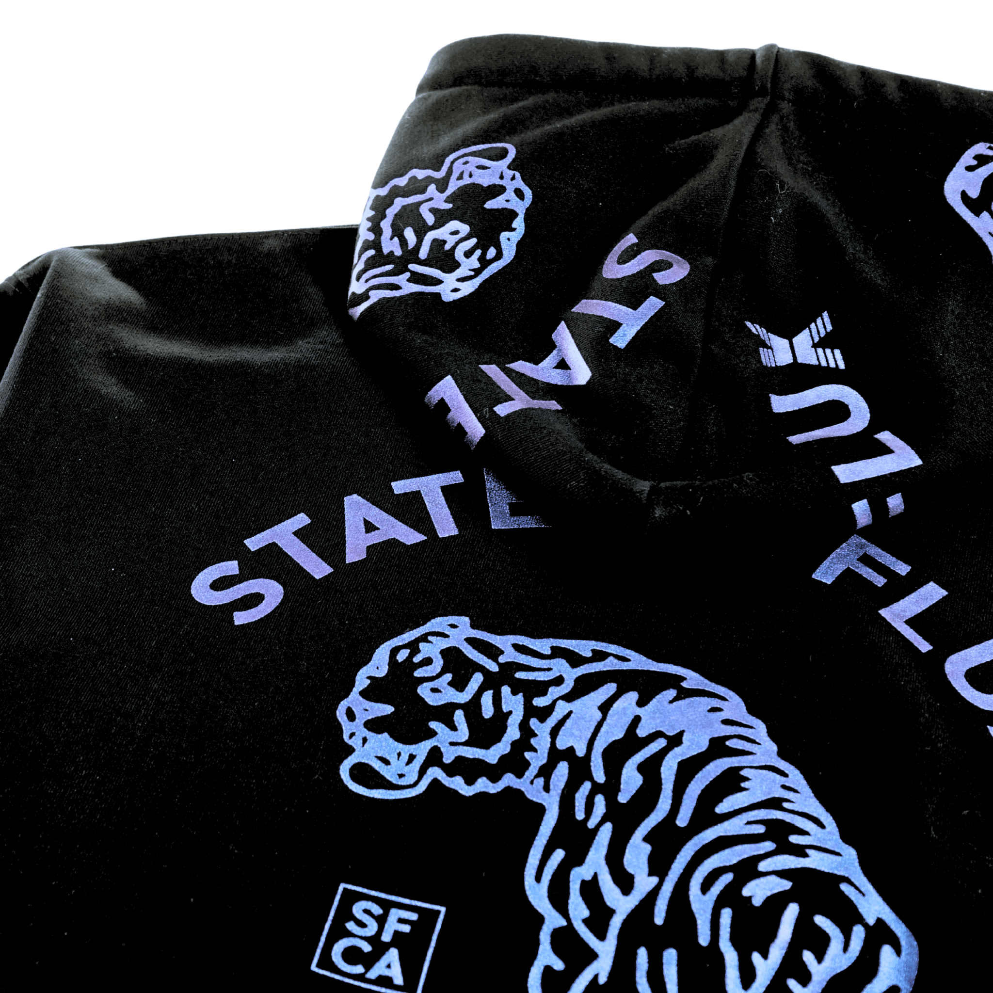 Allover Prowler Zip - up Hoodie in black and iridescent blue - State Of Flux - State Of Flux