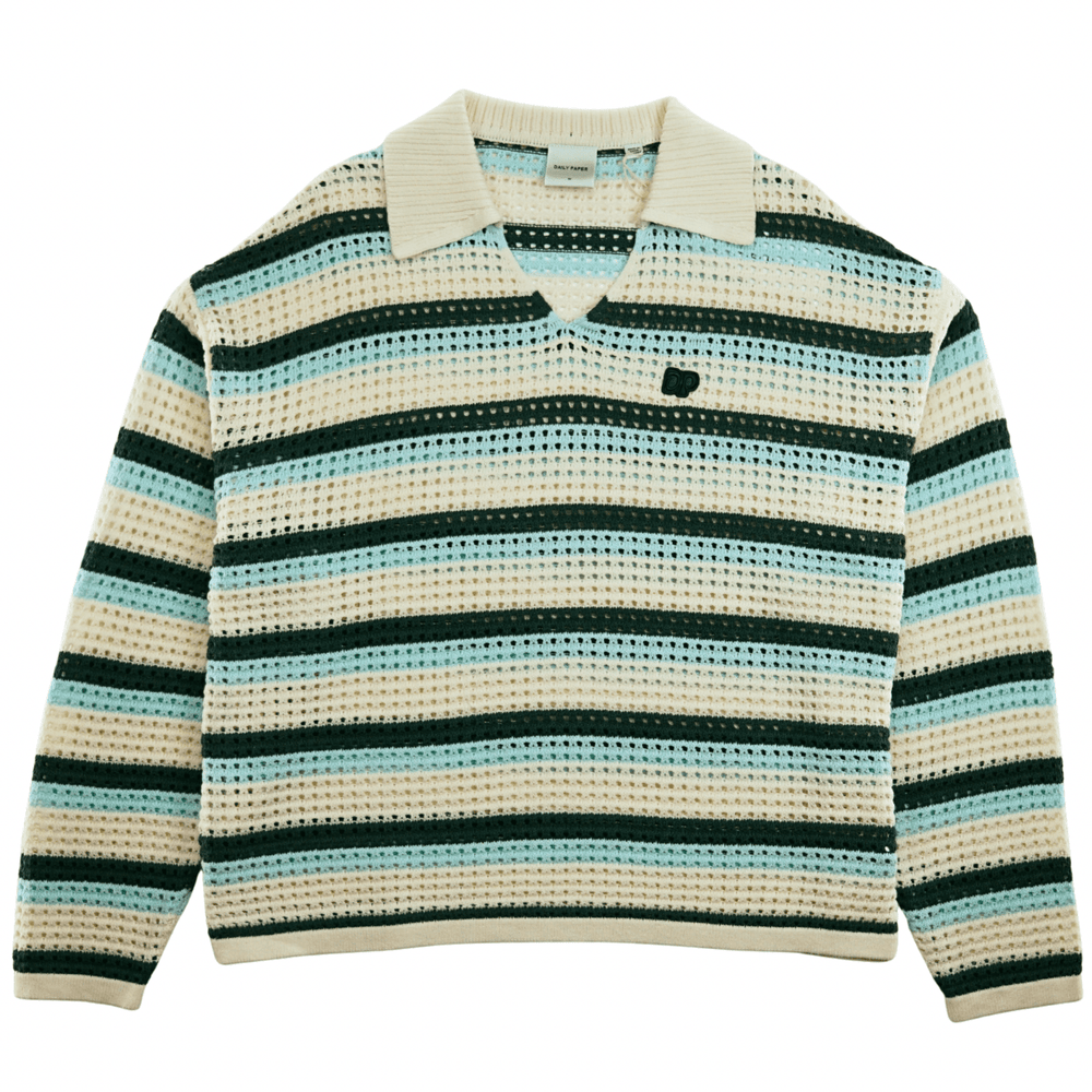 Crochet V-neck Sweater in off white and bistro green