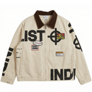 Crosshairs Logo Mechanic Jacket in antique white and brown - Individualist Lab - State Of Flux