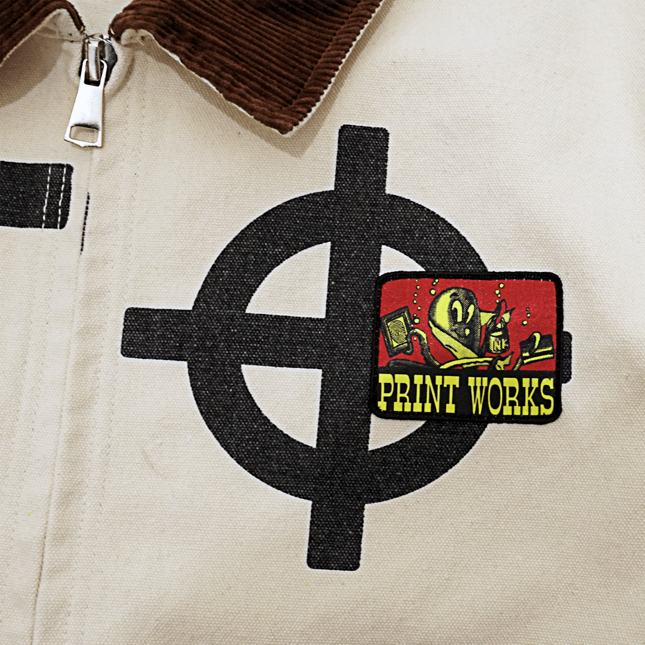 Crosshairs Logo Mechanic Jacket in antique white and brown - Individualist Lab - State Of Flux