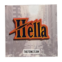 Hella Dubs 1.5-inch hard enamel pin orange blue yellow with dual posts and black rubber backers