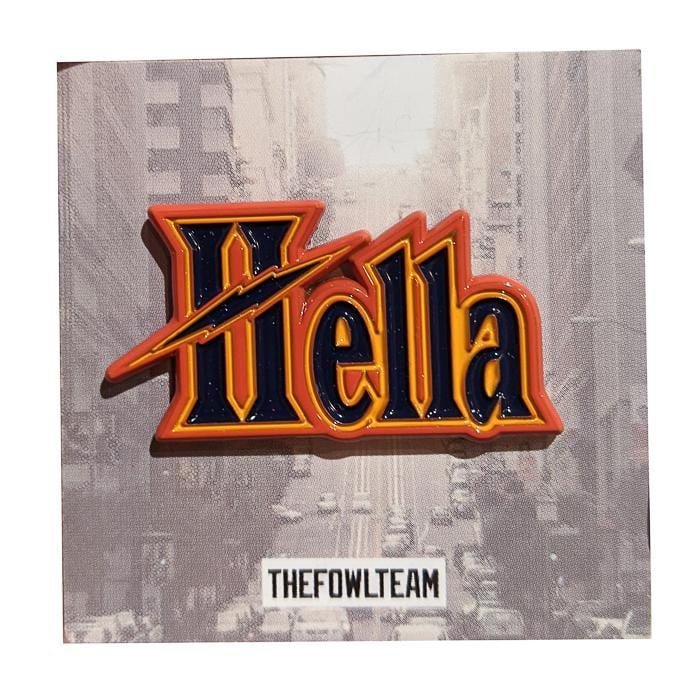 Hella Dubs 1.5-inch hard enamel pin orange blue yellow with dual posts and black rubber backers