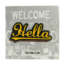Hella Oakland 1.5-inch hard enamel pin yellow and green with dual post black rubber backers