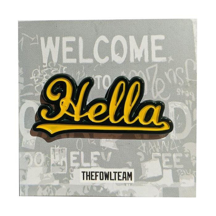 Hella Oakland 1.5-inch hard enamel pin yellow and green with dual post black rubber backers