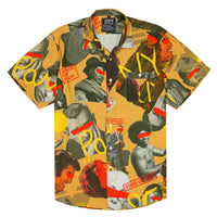 Incognito short-sleeve button-up honey mustard 100% rayon left chest pocket unidentified faces print