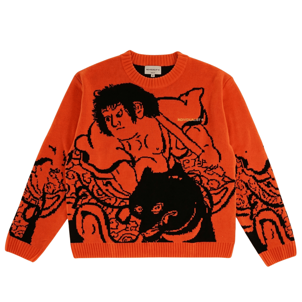Kintaro Big Print Knit Sweater in orange and black
