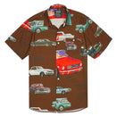 Let's Ride short-sleeve rayon button-up in kobicha with vintage cars print and left chest pocket