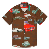 Let's Ride short-sleeve rayon button-up in kobicha with vintage cars print and left chest pocket