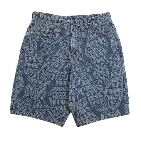 Macrame Denim Shorts in mid blue