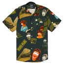 Matriarch short-sleeve 100% rayon button-up vintage black with unidentified faces print and left chest pocket