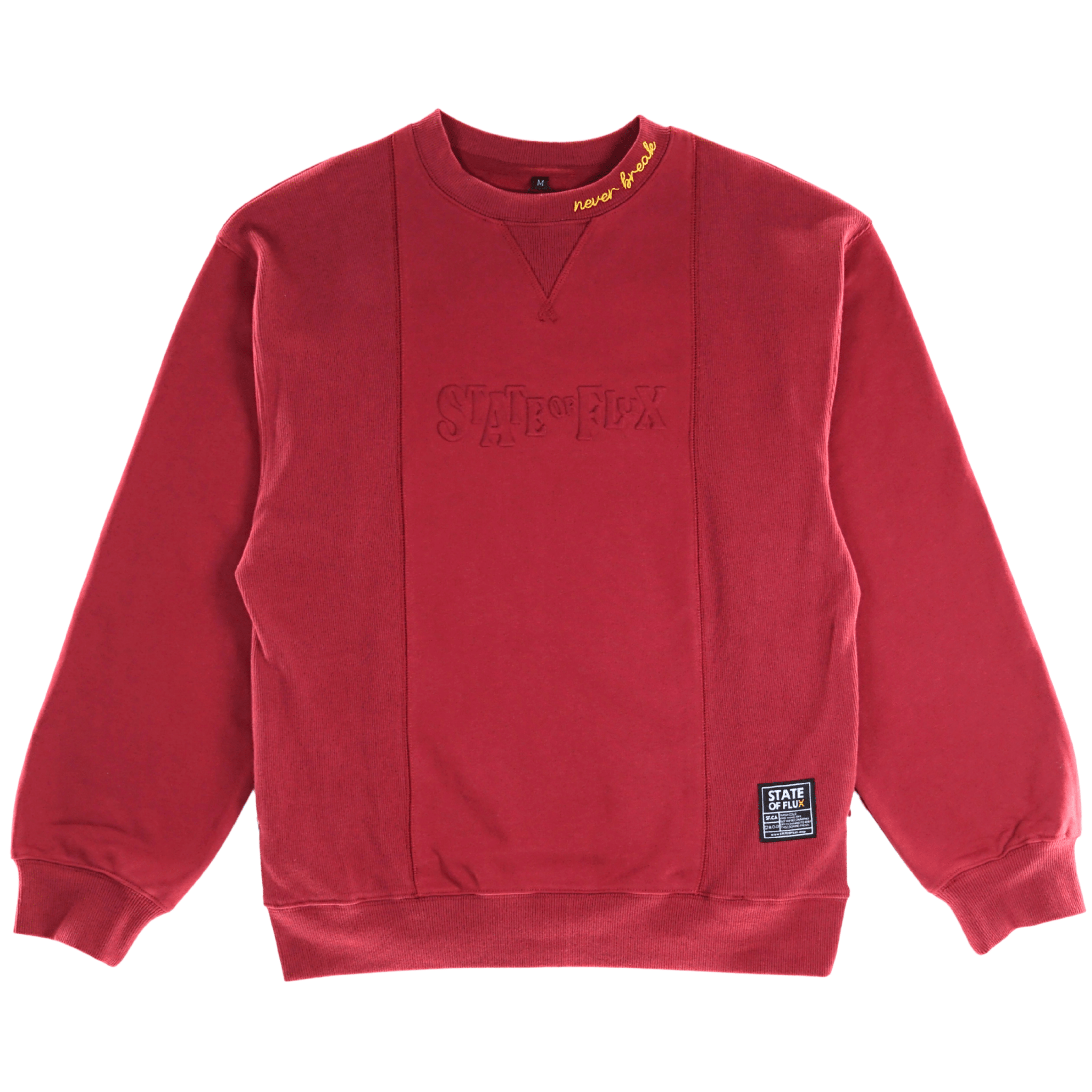 Never Break Embossed Crewneck in maroon - State Of Flux - State Of Flux