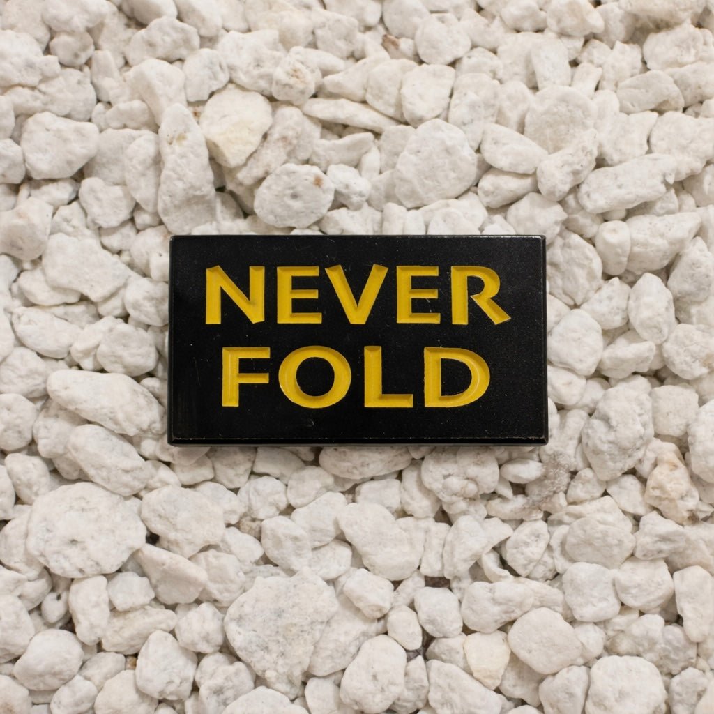 Never Fold Pin black and yellow 1.25in soft enamel dual post with black rubber backers