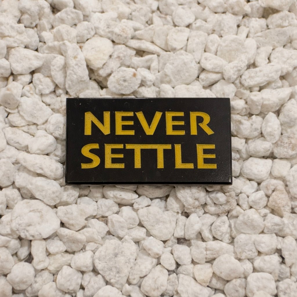 Never Settle enamel pin 1.25in black and yellow soft enamel dual post with black rubber backers