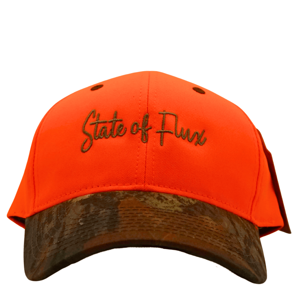 Peep Game Hat in safety orange and mossy oak