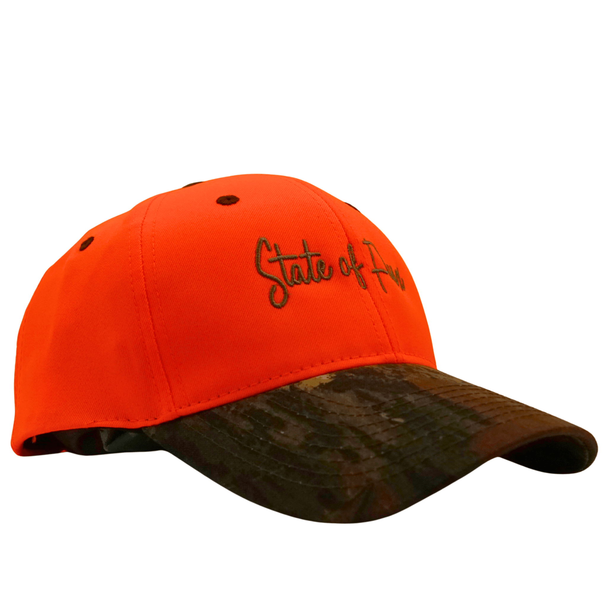 Peep Game Hat in safety orange and mossy oak