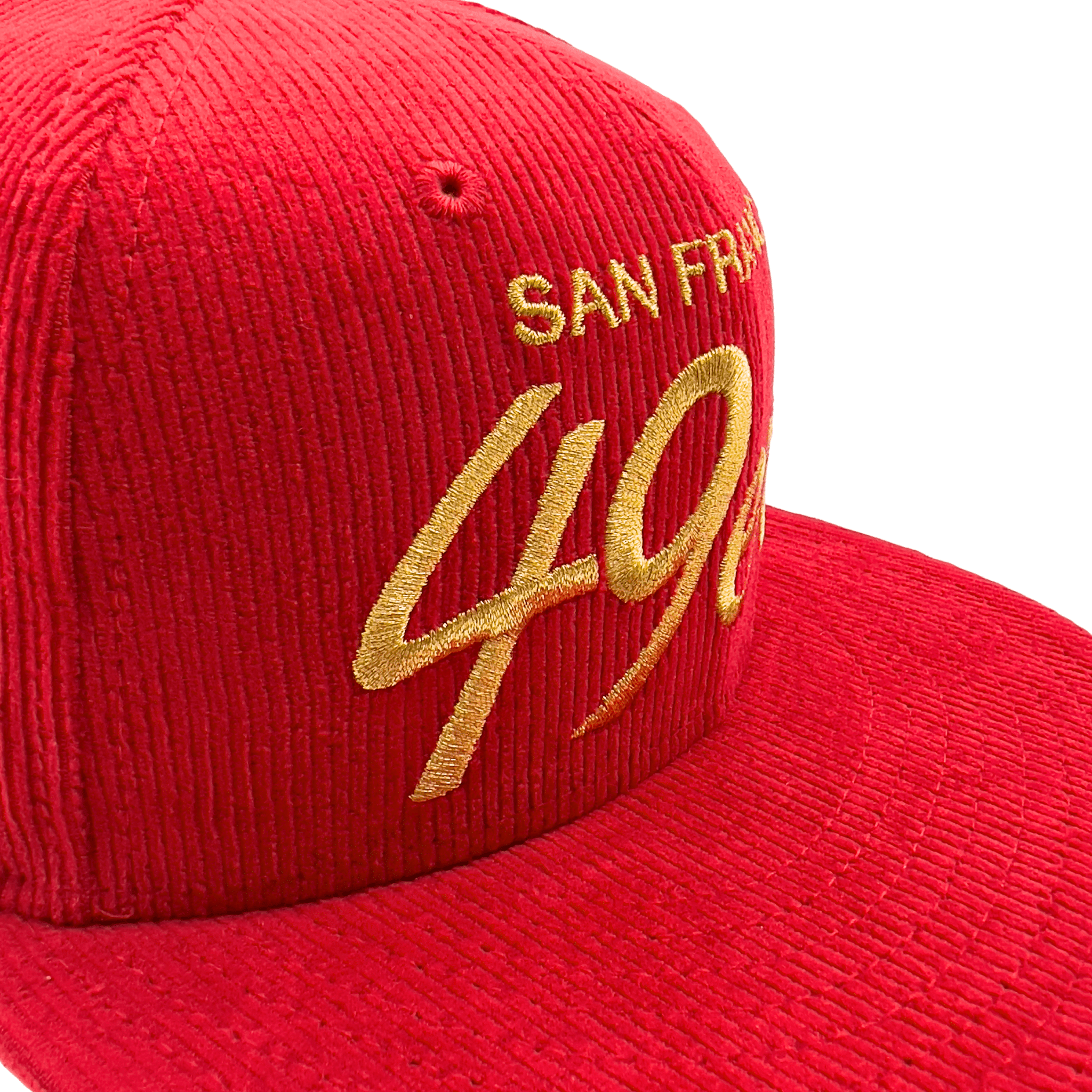San Francisco 49ers Flash 80 59Fifty Fitted Hat in red corduroy and gold - New Era - State Of Flux