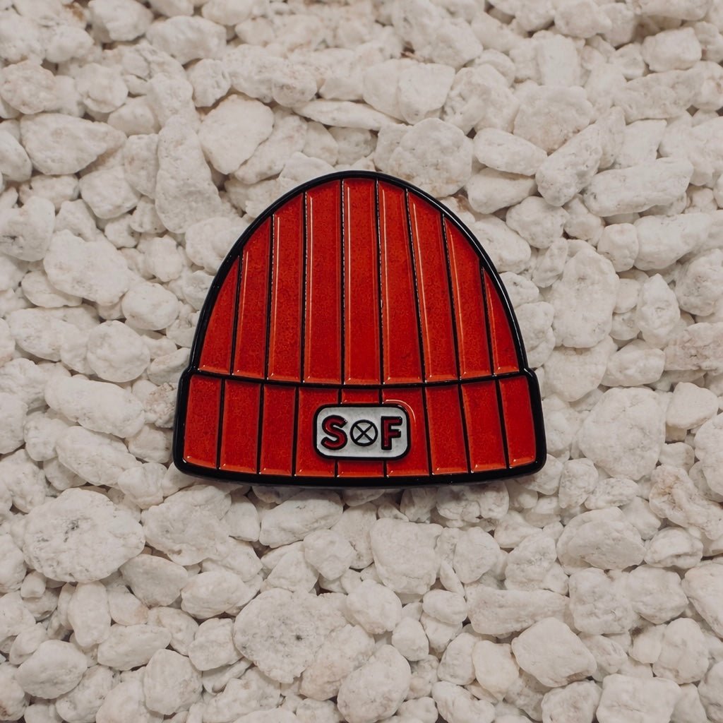 SOF Beanie Pin red 1 inch soft enamel with dual post black rubber backers