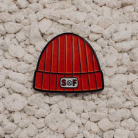 SOF Beanie Pin red 1 inch soft enamel with dual post black rubber backers