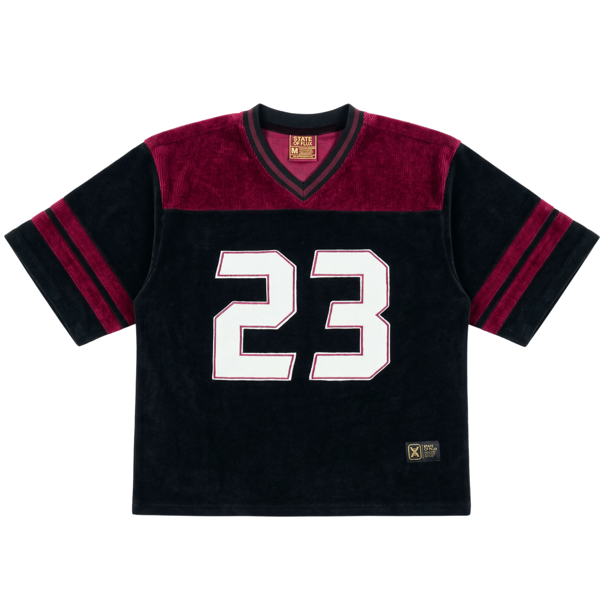 SOF Never Fold Corduroy Football Jersey in black and foundry red
