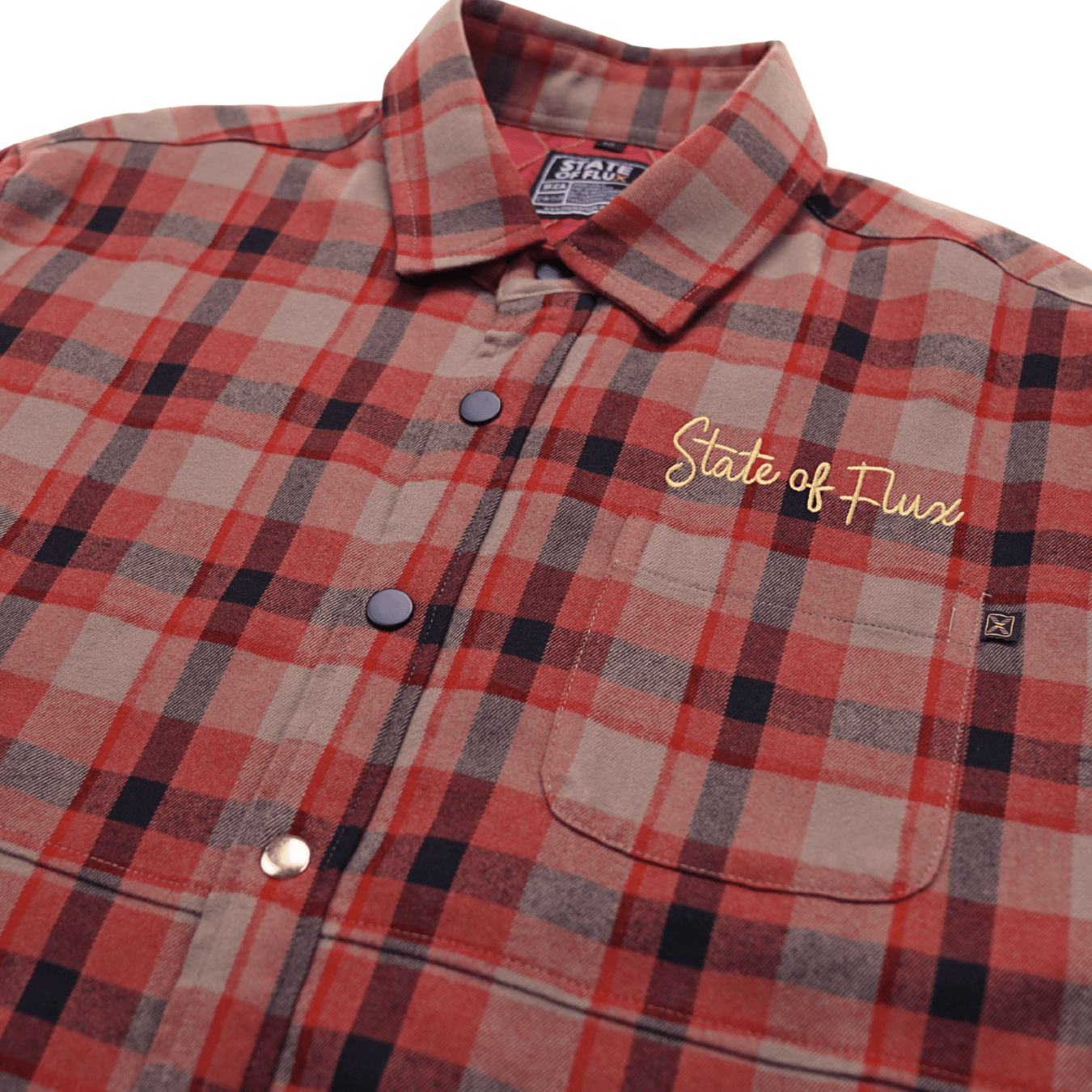 SOF Quilted Flannel Overshirt in khaki and red - State Of Flux - State Of Flux