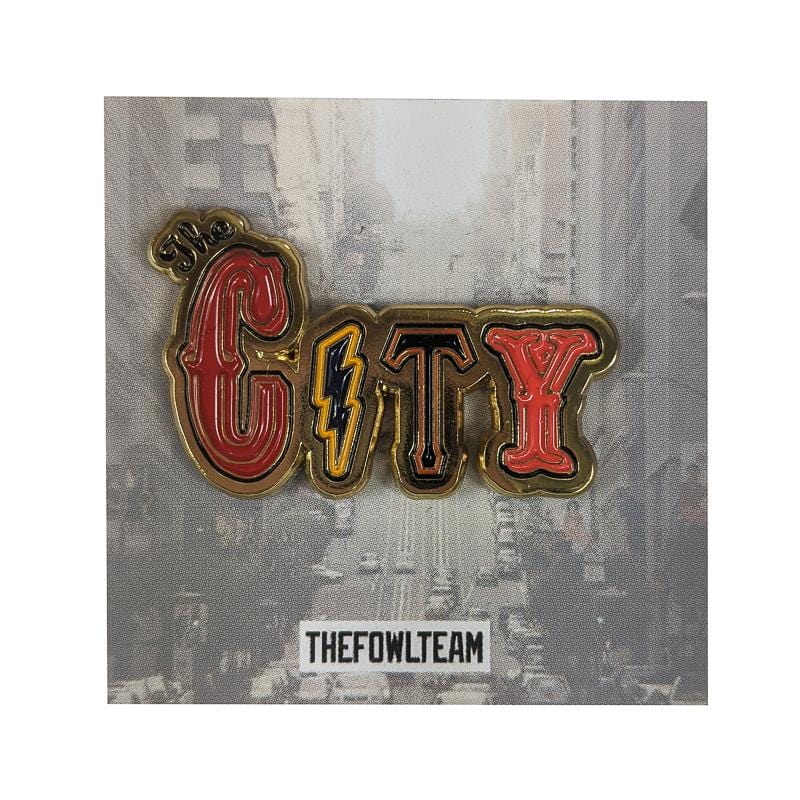 The City Pin 1.5-inch hard enamel pin red and gold with dual posts and black rubber backers multicolor details