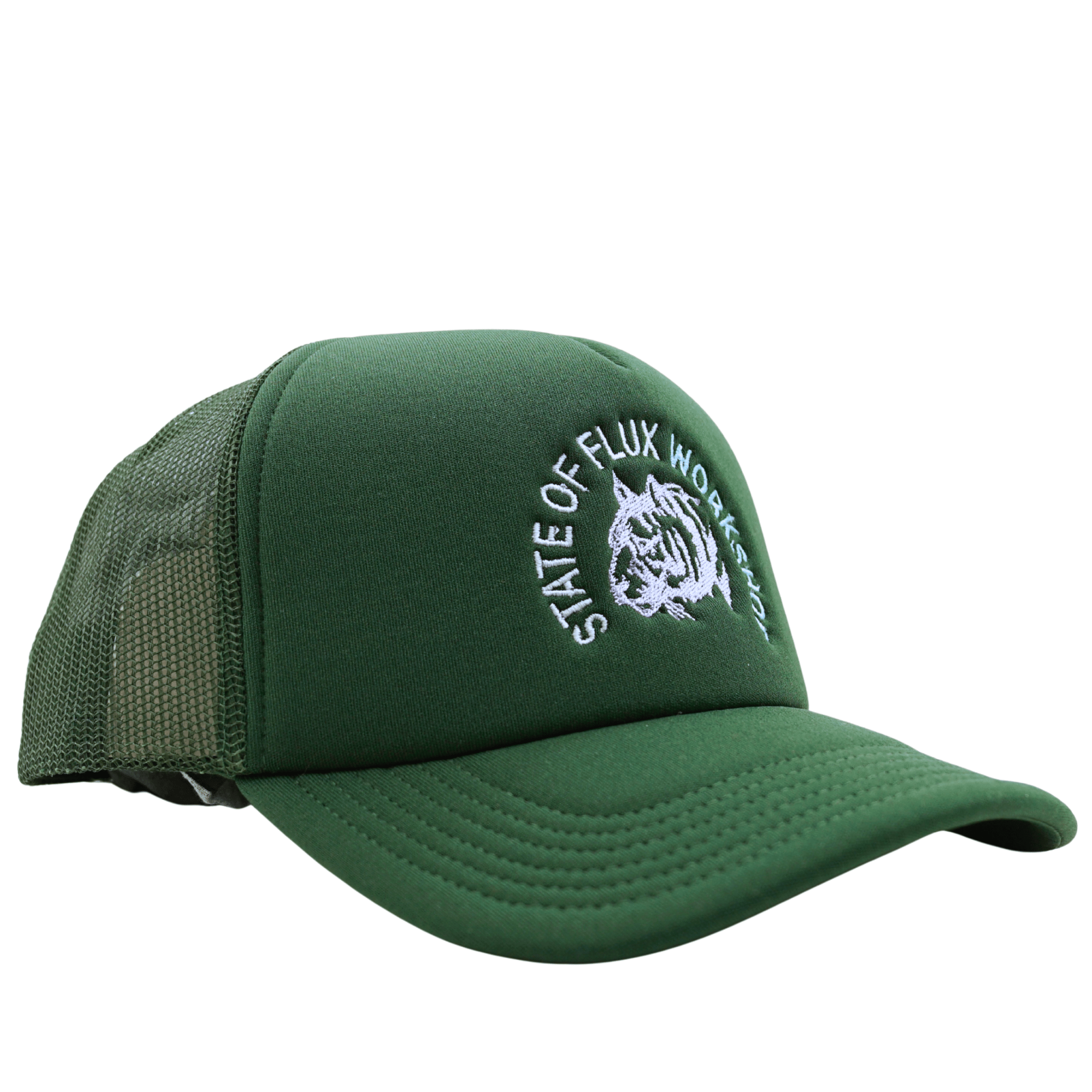 The Workshop Trucker Hat in forest green and lavender