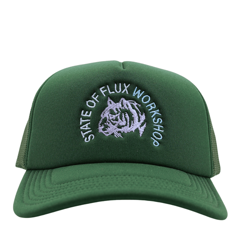The Workshop Trucker Hat in forest green and lavender