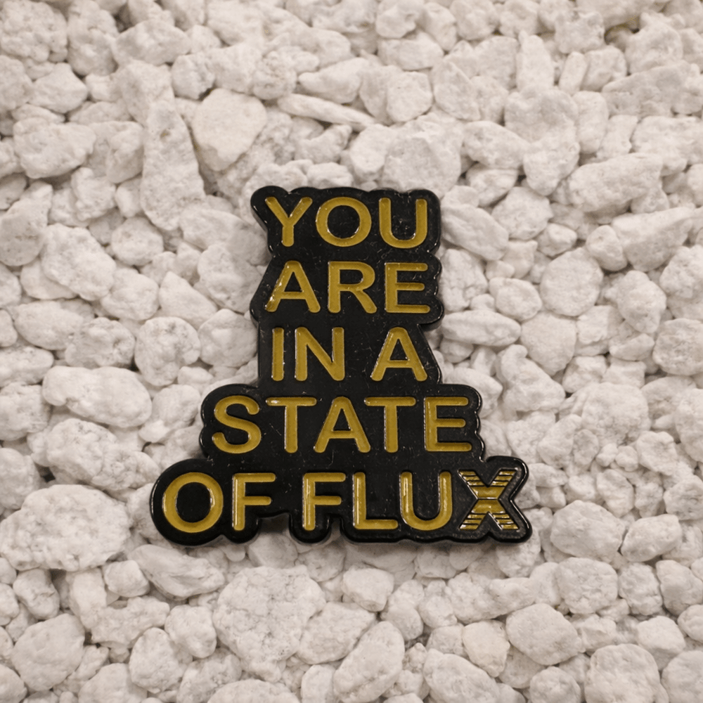You Are In A State Of Flux Pin in black and yellow