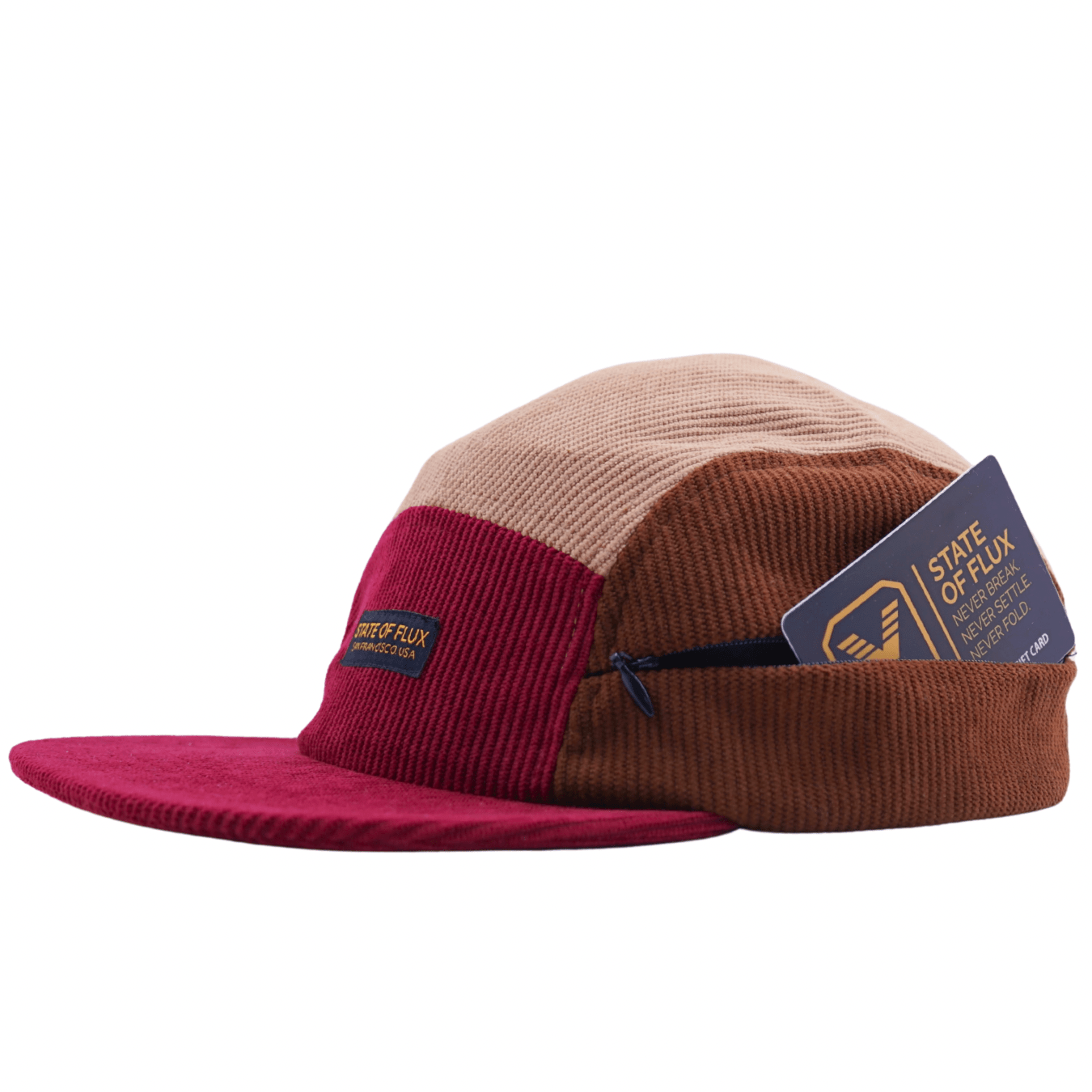 Zippered Color Blocked Corduroy 5 - Panel Hat in maroon and brown - State Of Flux - State Of Flux