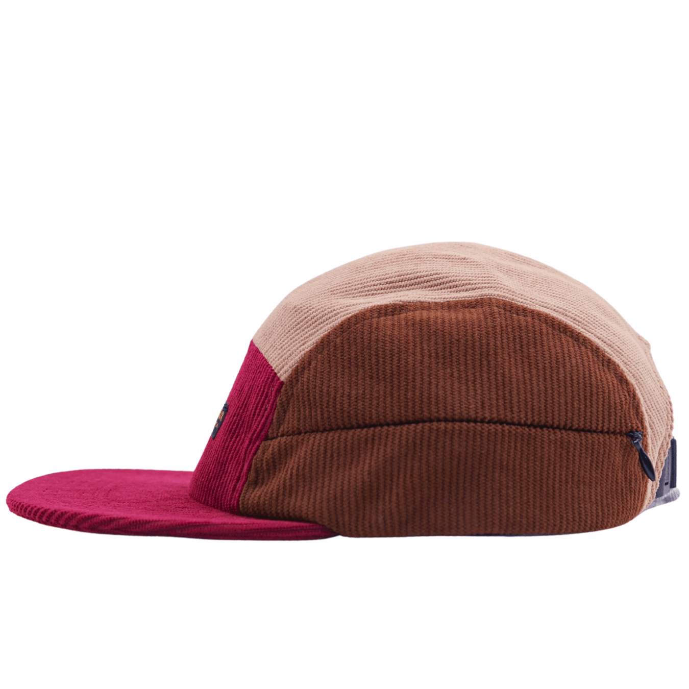 Zippered Color Blocked Corduroy 5 - Panel Hat in maroon and brown - State Of Flux - State Of Flux