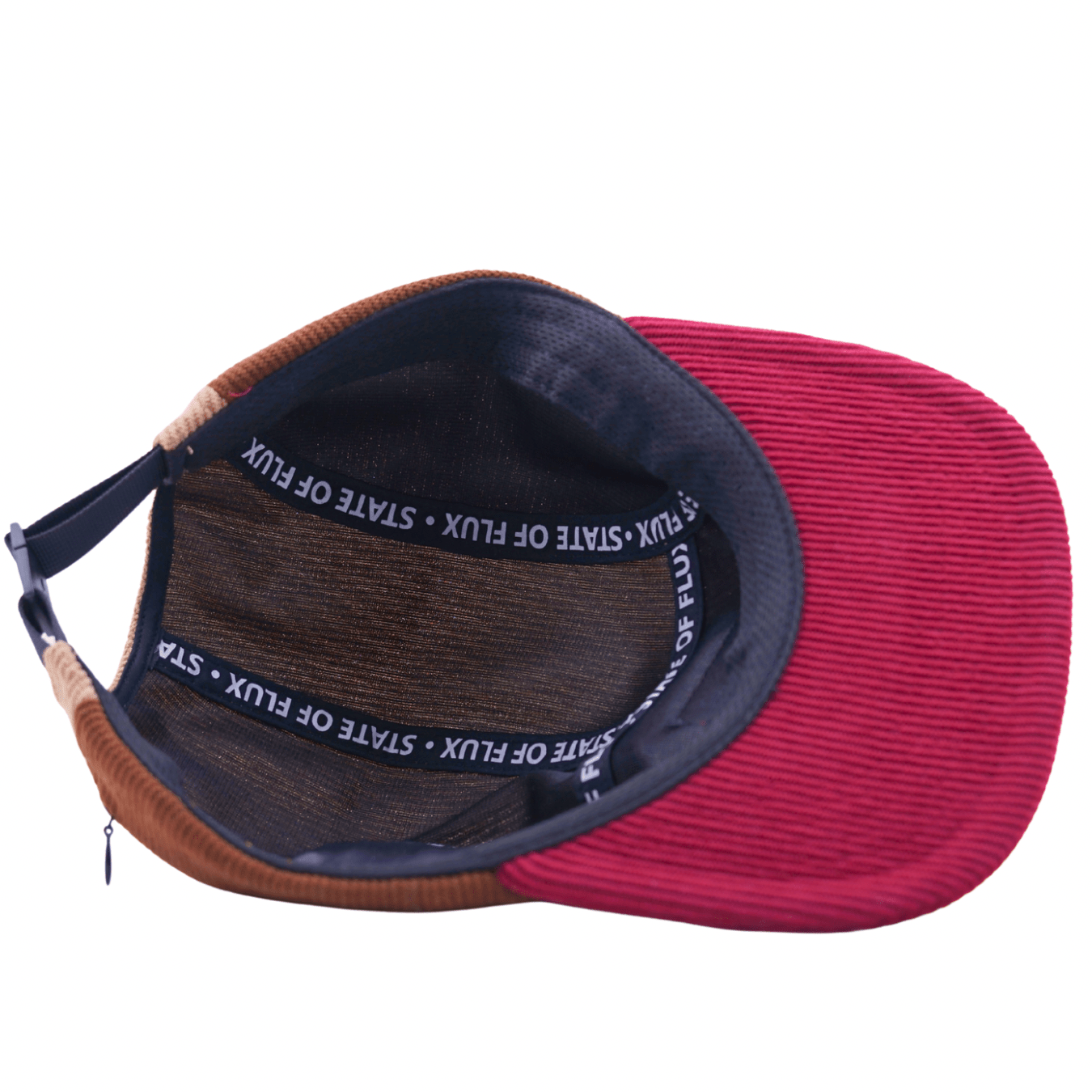 Zippered Color Blocked Corduroy 5 - Panel Hat in maroon and brown - State Of Flux - State Of Flux