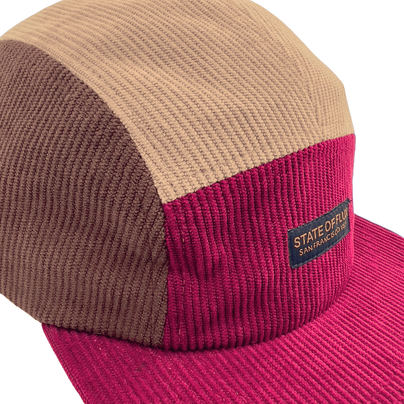 Zippered Color Blocked Corduroy 5 - Panel Hat in maroon and brown - State Of Flux - State Of Flux