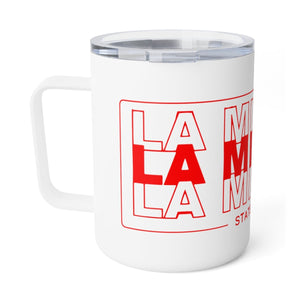 La Mission Insulated Coffee Mug in white and red