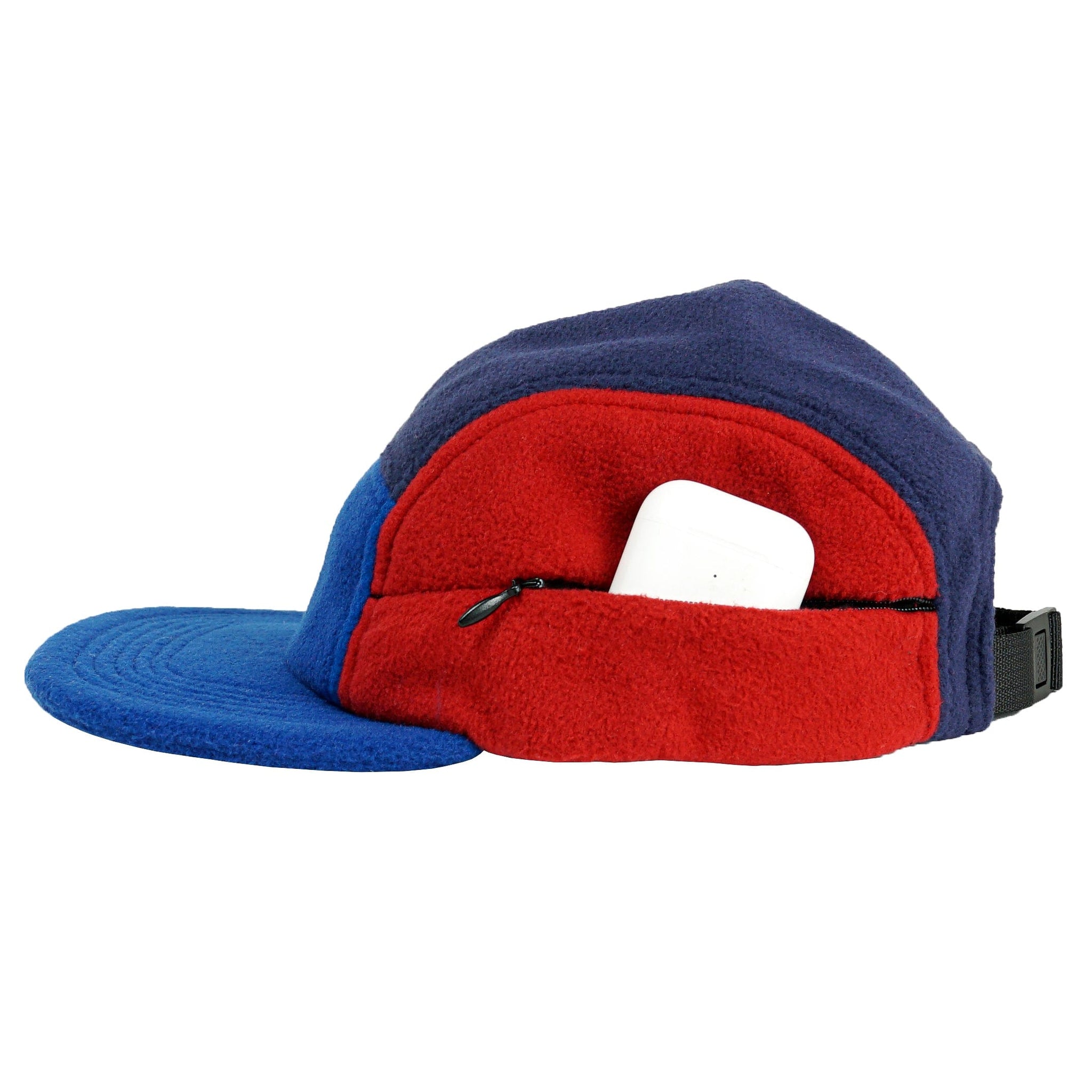 Zippered Polar Fleece 7-Panel Hat in azure and cherry
