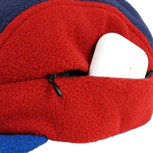 Zippered Polar Fleece 7-Panel Hat in azure and cherry