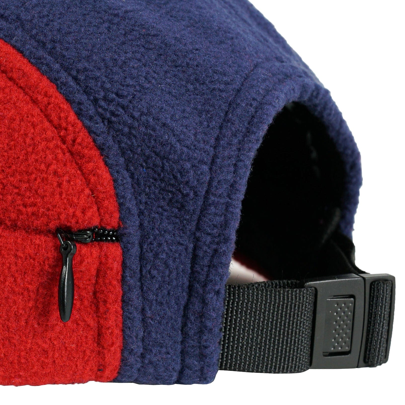Zippered Polar Fleece 7-Panel Hat in azure and cherry