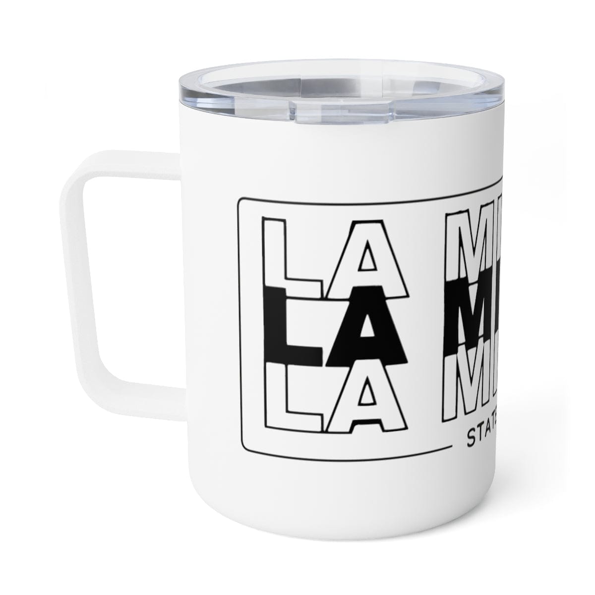 La Mission Insulated Coffee Mug in white and black