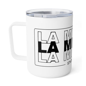 La Mission Insulated Coffee Mug in white and black
