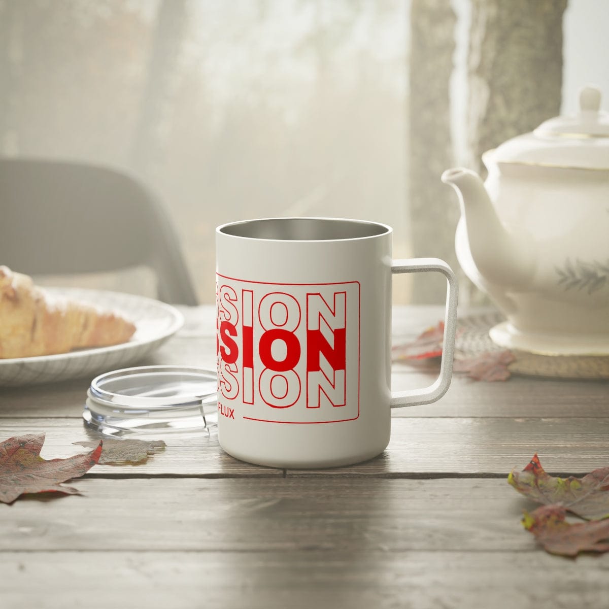 La Mission Insulated Coffee Mug in white and red