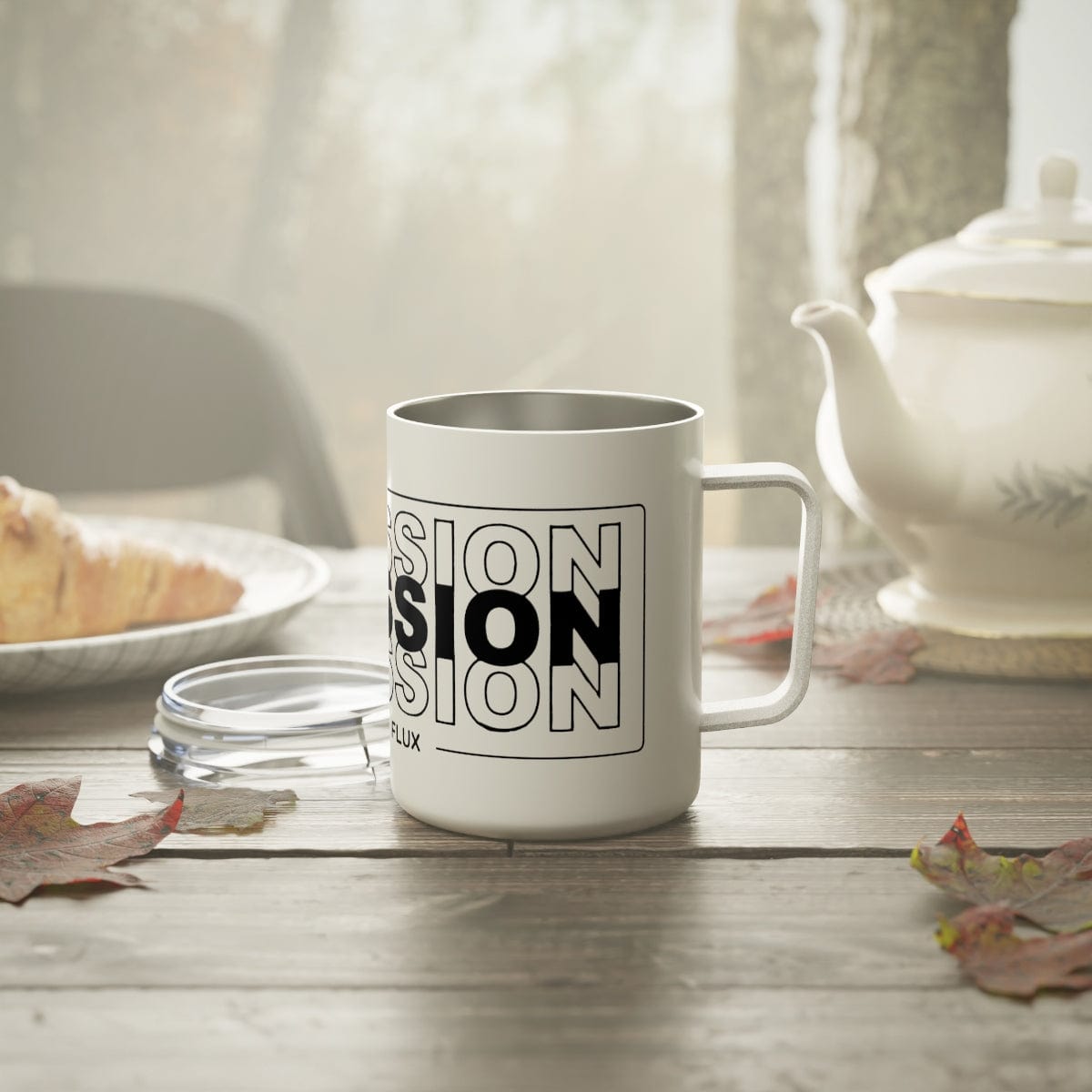 La Mission Insulated Coffee Mug in white and black